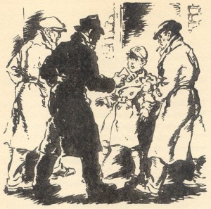 George is mistaken for a messenger by the men, illustrated by George Brook